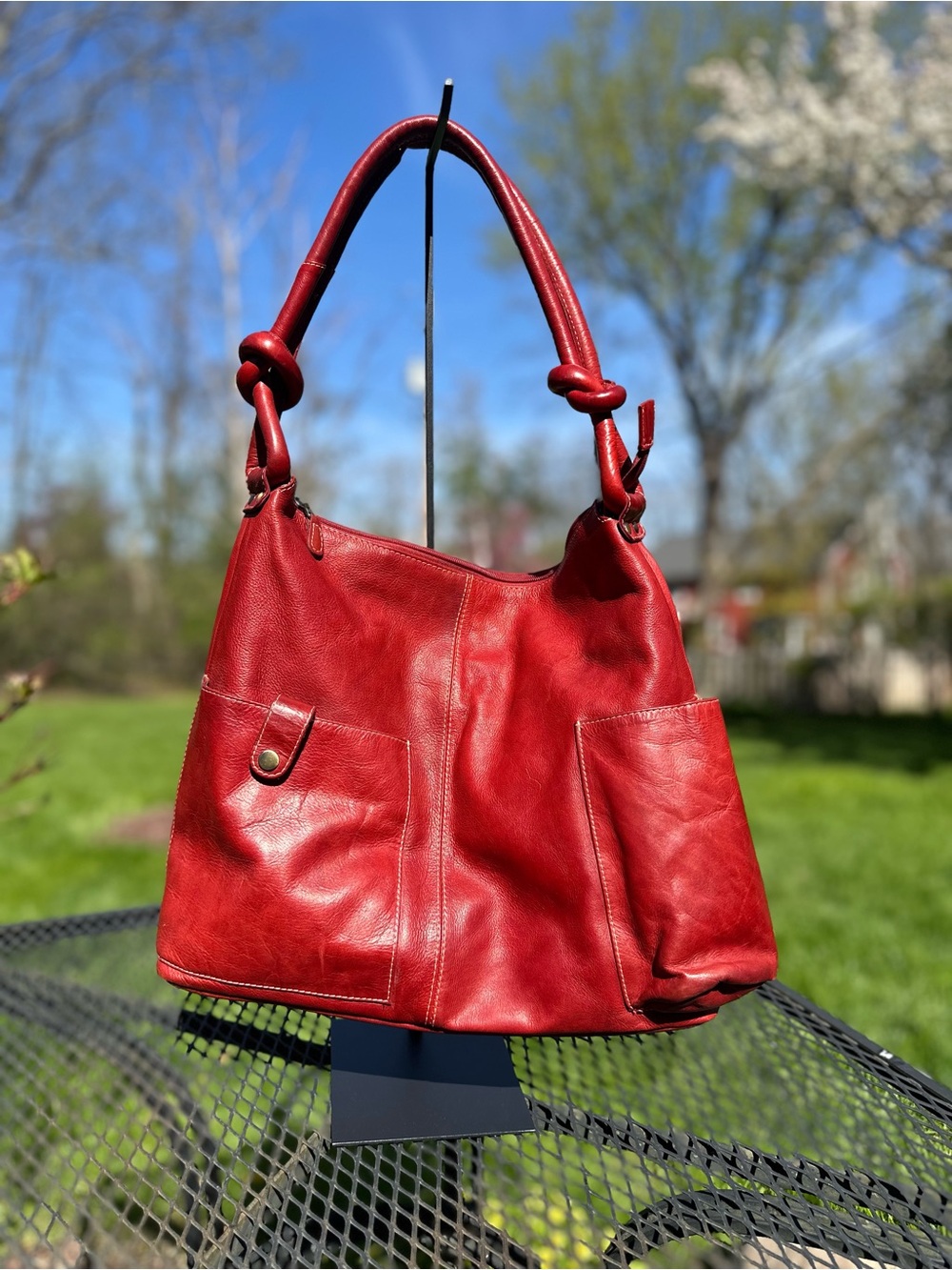 Chaos Leather Collection Red Leather Shoulder Bag - Classic Hobo Tote